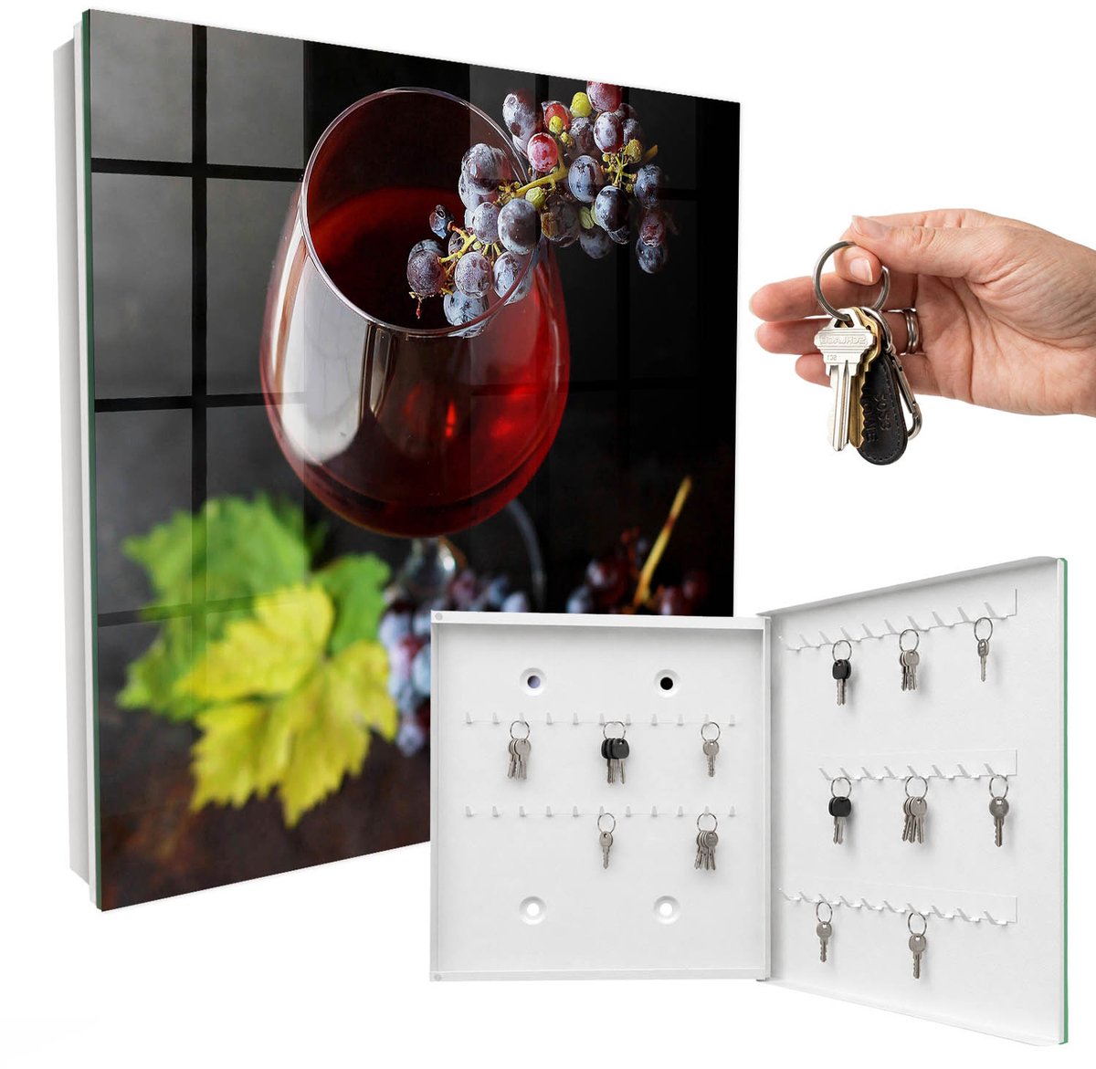 WallMuralia - Sleutelkast - 30x30x5 cm - met 50 haken - Wijndruiven Sleutelkastje Muur - Rood Sleutelbox - Rechtsopenend - Wit interieur
