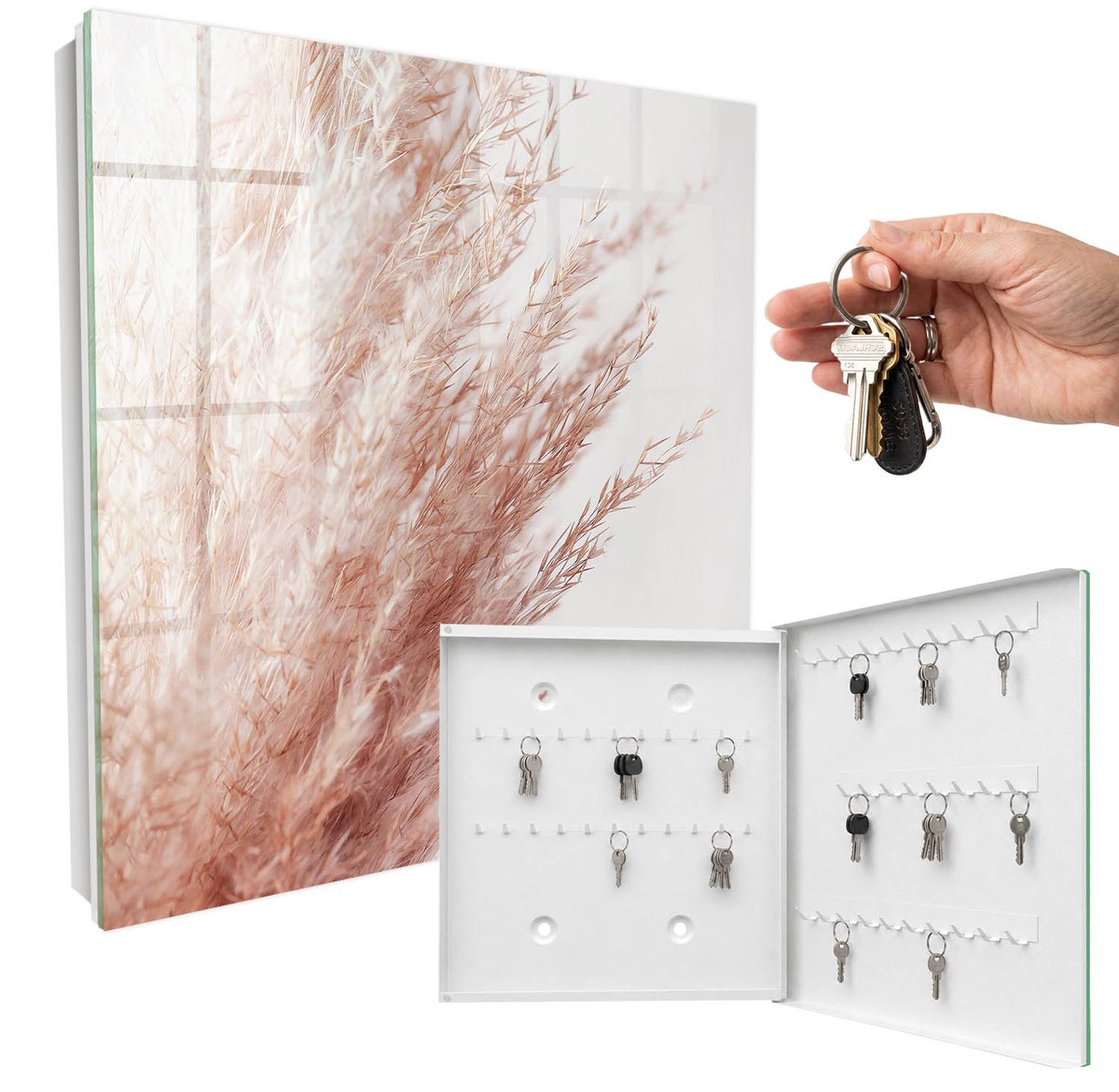 WallMuralia - Sleutelkast - 30x30x5 cm - met 50 haken - Pastel Boho Gras Design Sleutelkastje - Beige Sleutelbox - Rechtsopenend - Wit interieur