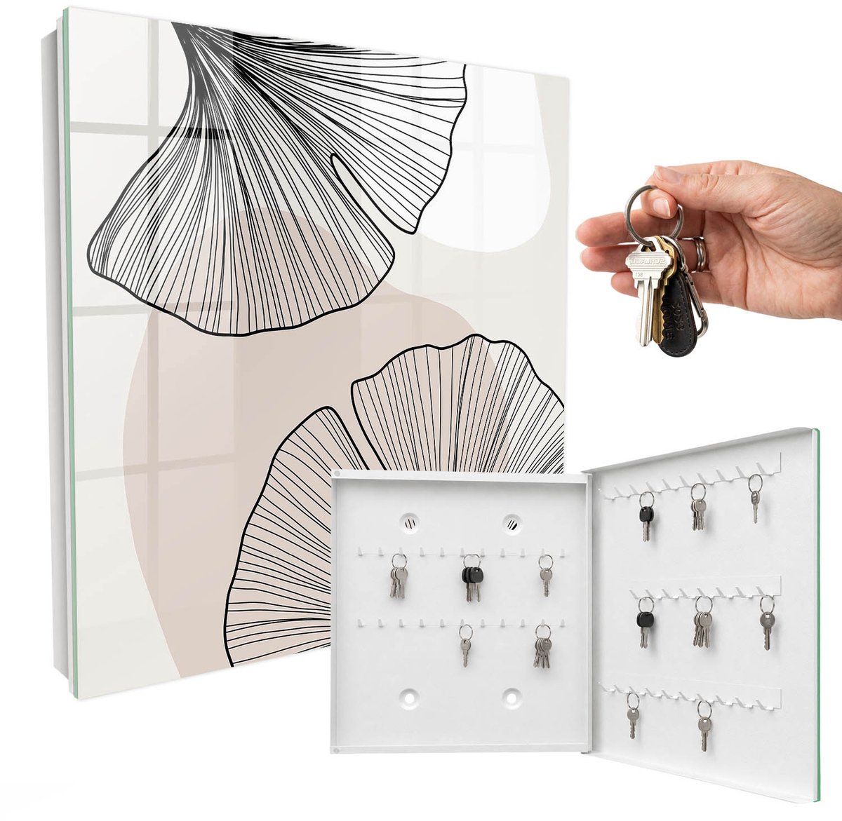 WallMuralia - Sleutelkast - 30x30x5 cm - met 50 haken - Zwarte Bladeren Groot Sleutelkastje - Romig Sleutelbox - Rechtsopenend - Wit interieur