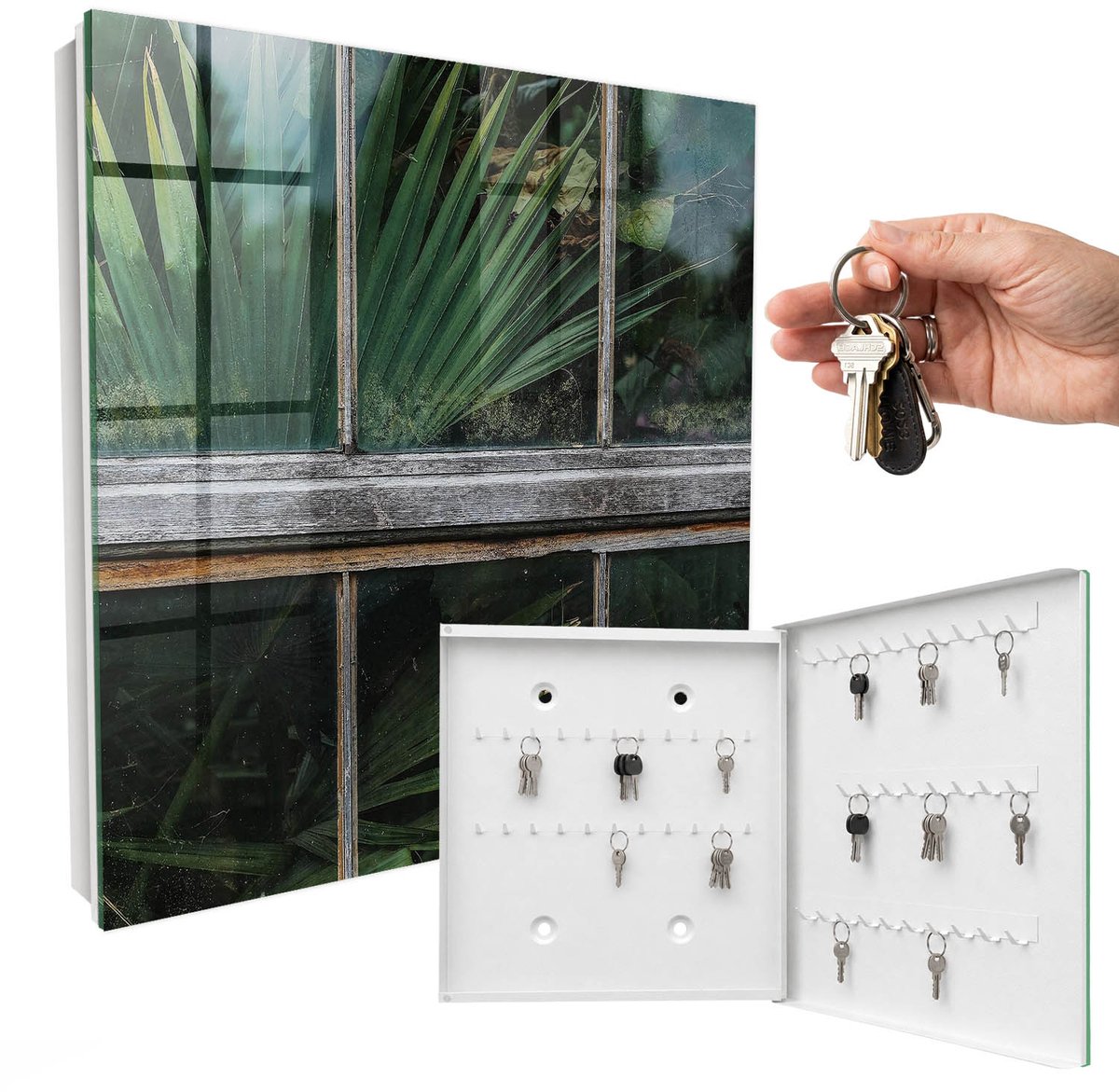 WallMuralia - Sleutelkast - 30x30x5 cm - met 50 haken - Groene Harmonie Sleutelkastje Hal - Groente Sleutelbox - Rechtsopenend - Wit interieur