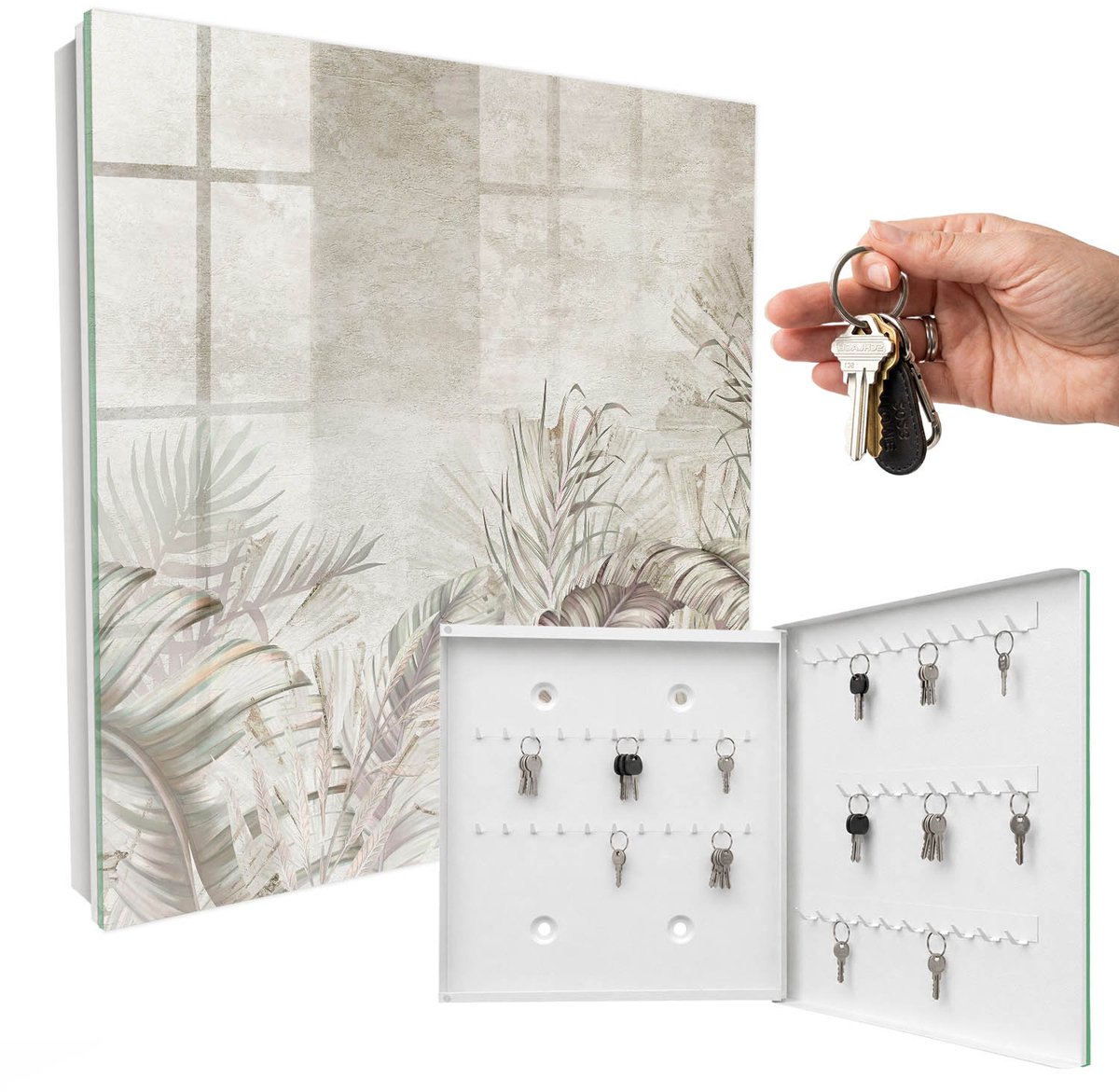 WallMuralia - Sleutelkast - 30x30x5 cm - met 50 haken - Subtiele Exotisme Sleutelkastje Muur - Beige Sleutelbox - Rechtsopenend - Wit interieur