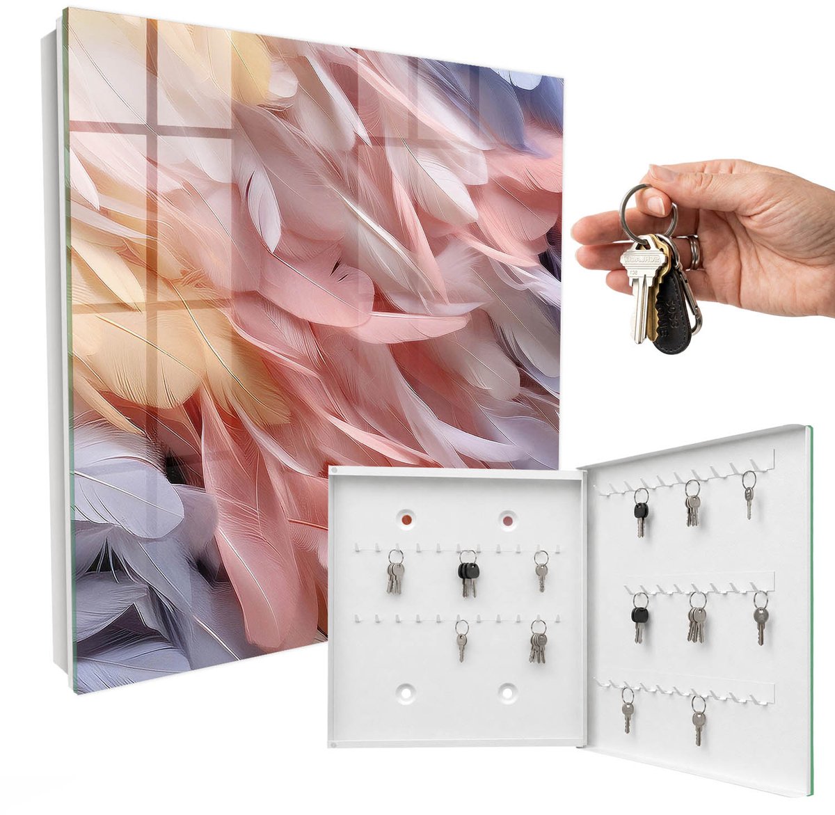 WallMuralia - Sleutelkast - 30x30x5 cm - met 50 haken - Pastelkleurige Veren Sleutelkastje Gang - Roze Sleutelbox - Rechtsopenend - Wit interieur