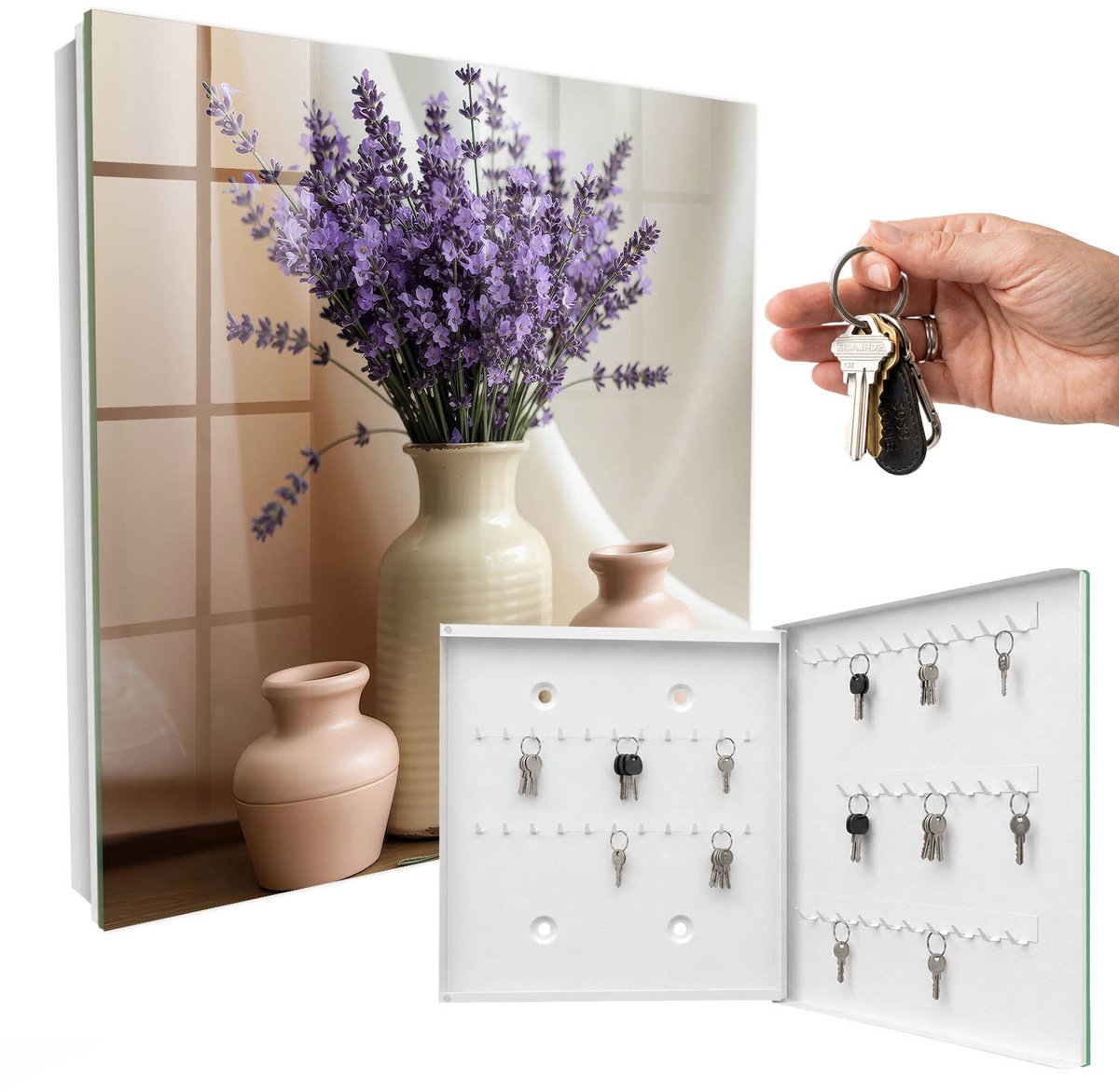 WallMuralia - Sleutelkast - 30x30x5 cm - met 50 haken - Bloemen In Een Vaas Sleutelkastje - Paars Sleutelbox - Rechtsopenend - Wit interieur