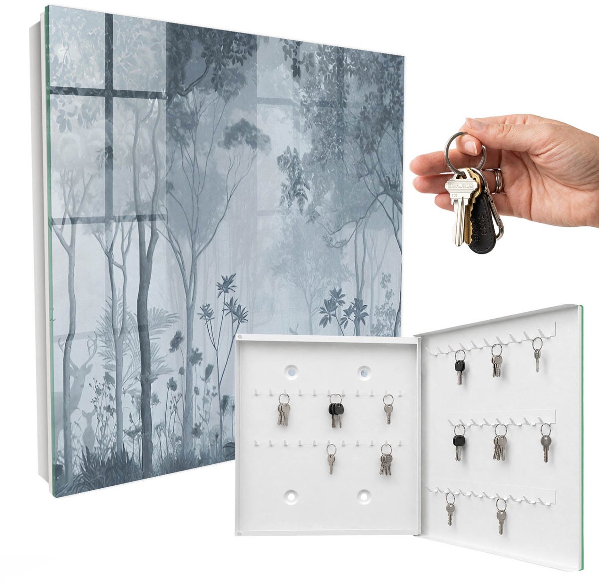 WallMuralia - Sleutelkast - 30x30x5 cm - met 50 haken - Nevelbos Sleutelkastje Gang - Grijs Sleutelbox - Rechtsopenend - Wit interieur