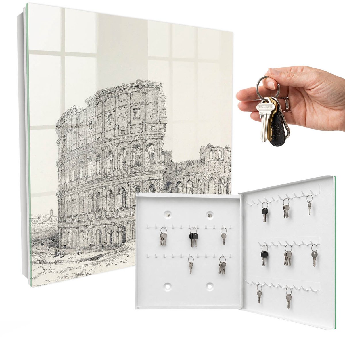 WallMuralia - Sleutelkast - 30x30x5 cm - met 50 haken - Oud Amfitheater Design Sleutelkastje - Grijs Sleutelbox - Rechtsopenend - Wit interieur