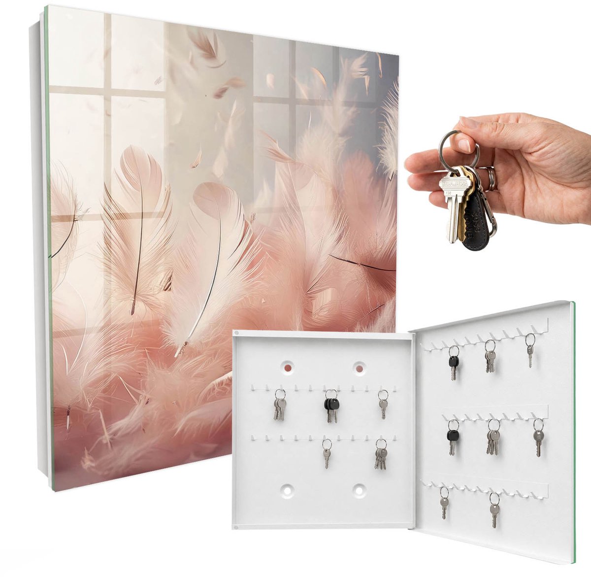 WallMuralia - Sleutelkast - 30x30x5 cm - met 50 haken - Pastelkleurige Veren Design Sleutelkastje - Roze Sleutelbox - Rechtsopenend - Wit interieur