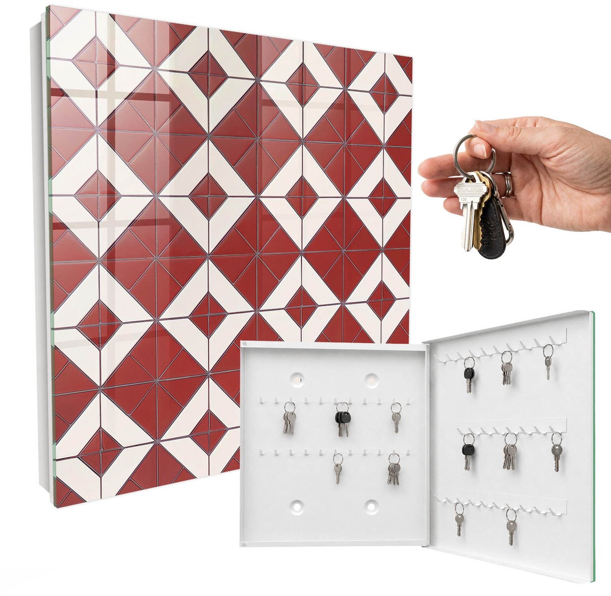 WallMuralia - Sleutelkast - 30x30x5 cm - met 50 haken - Rode Mozaïek Sleutelkastje Hal - Rood Sleutelbox - Rechtsopenend - Wit interieur