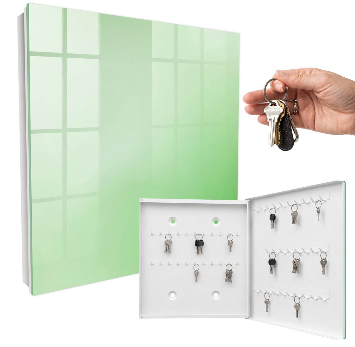 WallMuralia - Sleutelkast - 30x30x5 cm - met 50 haken - Groene Harmonie Sleutelkastje Modern - Groente Sleutelbox - Rechtsopenend - Wit interieur