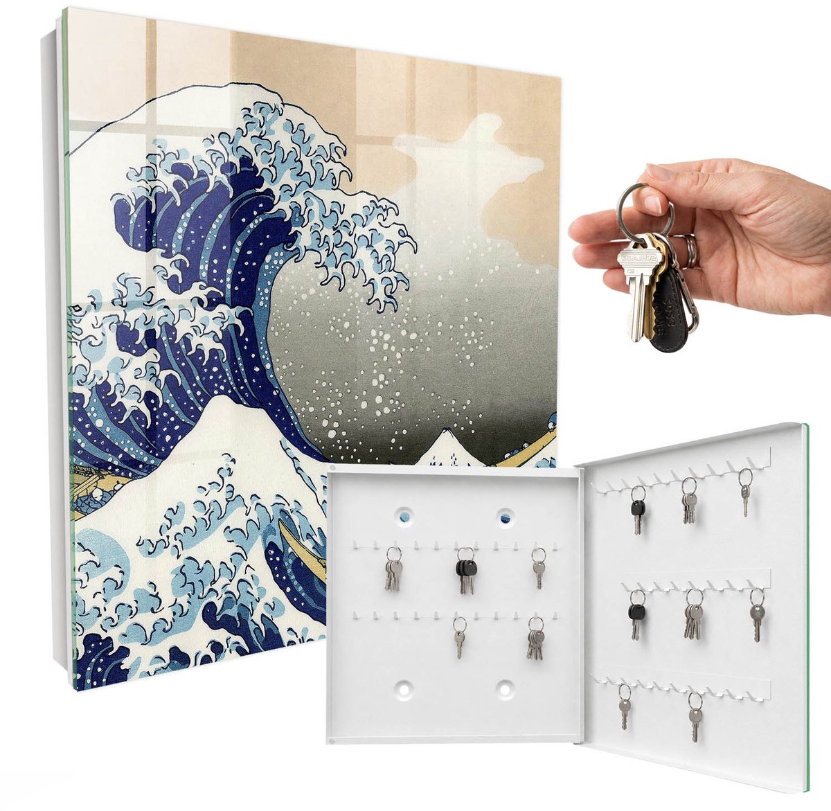 WallMuralia - Sleutelkast - 30x30x5 cm - met 50 haken - De Grote Golf Sleutelkastje - Blauw Sleutelbox - Rechtsopenend - Wit interieur