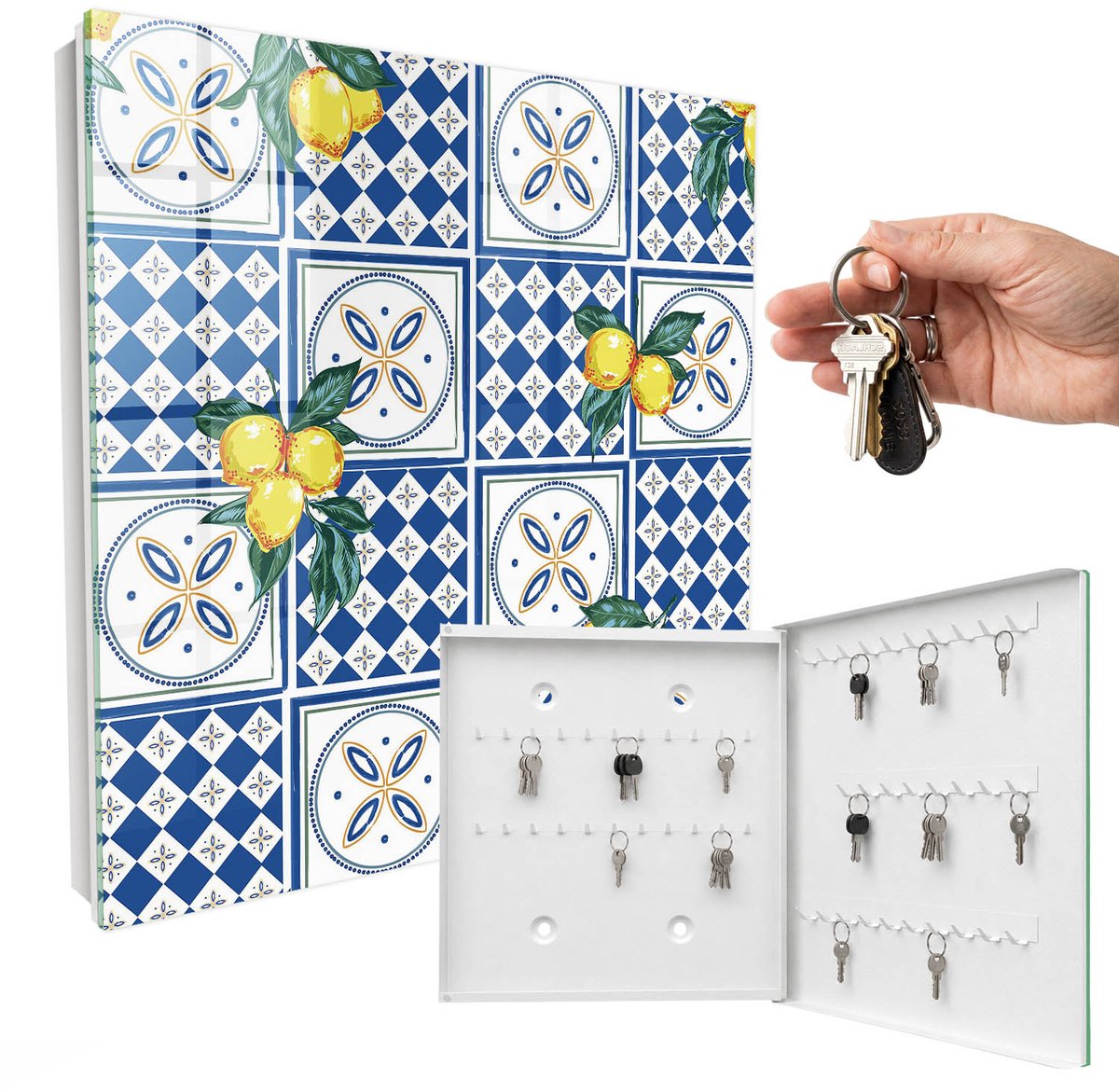 WallMuralia - Sleutelkast - 30x30x5 cm - met 50 haken - Citroentegels Sleutelkastje - Blauw Sleutelbox - Rechtsopenend - Wit interieur