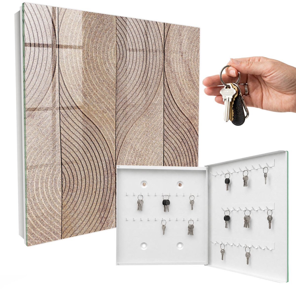 WallMuralia - Sleutelkast - 30x30x5 cm - met 50 haken - Textuurgolven Sleutelkastje - Beige Sleutelbox - Rechtsopenend - Wit interieur