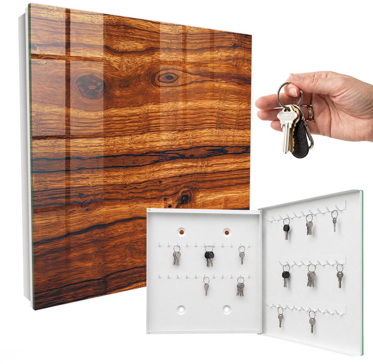 WallMuralia - Sleutelkast - 30x30x5 cm - met 50 haken - Houtstructuur Sleutelkastje Voor Binnen - Bruin Sleutelbox - Rechtsopenend - Wit interieur