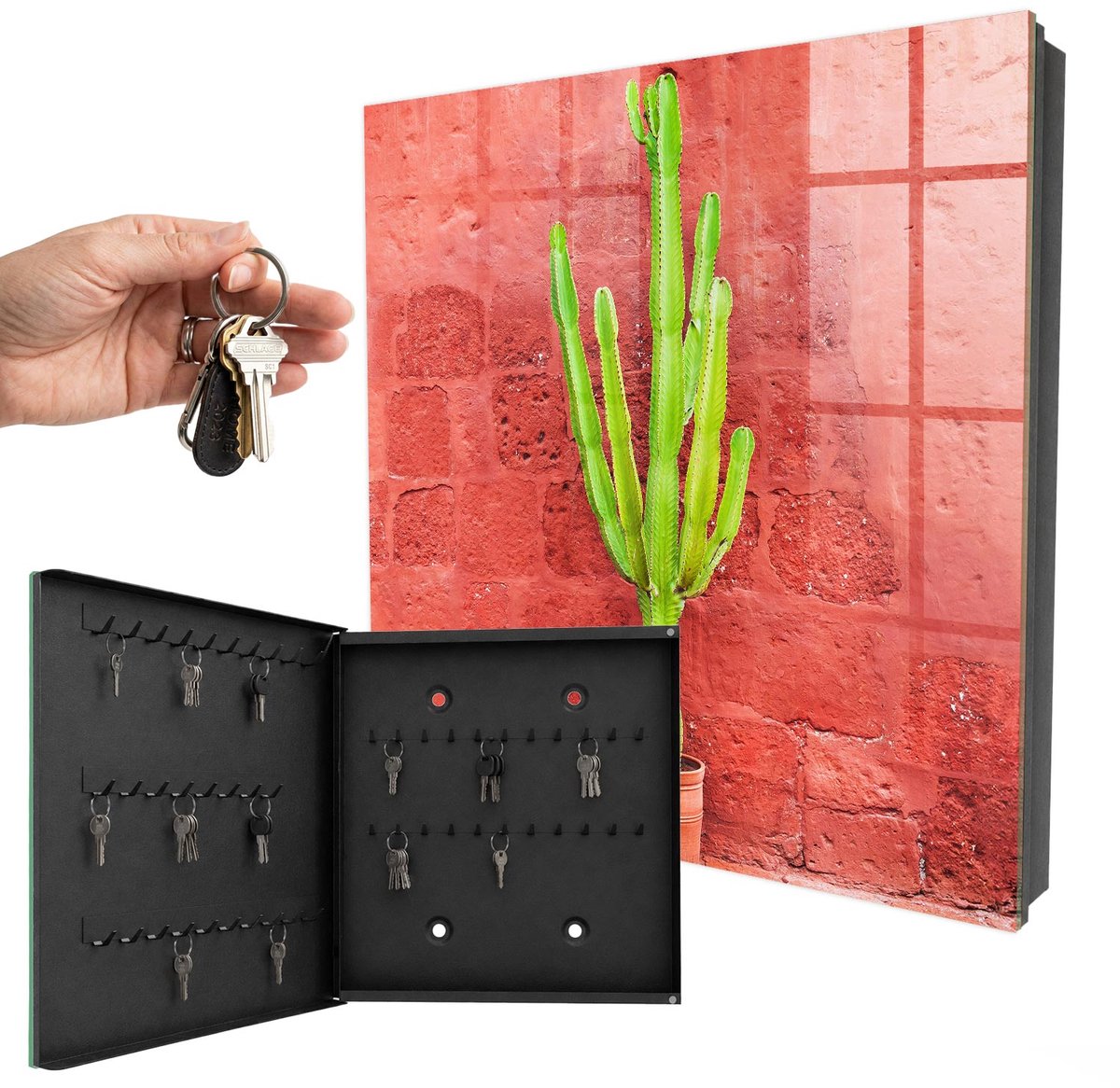 WallMuralia - Sleutelkast - 30x30x5 cm - met 50 haken - Groene Cactus Sleutelkastje Voor Binnen - Rood Sleutelbox - Linksopenend - Zwart interieur