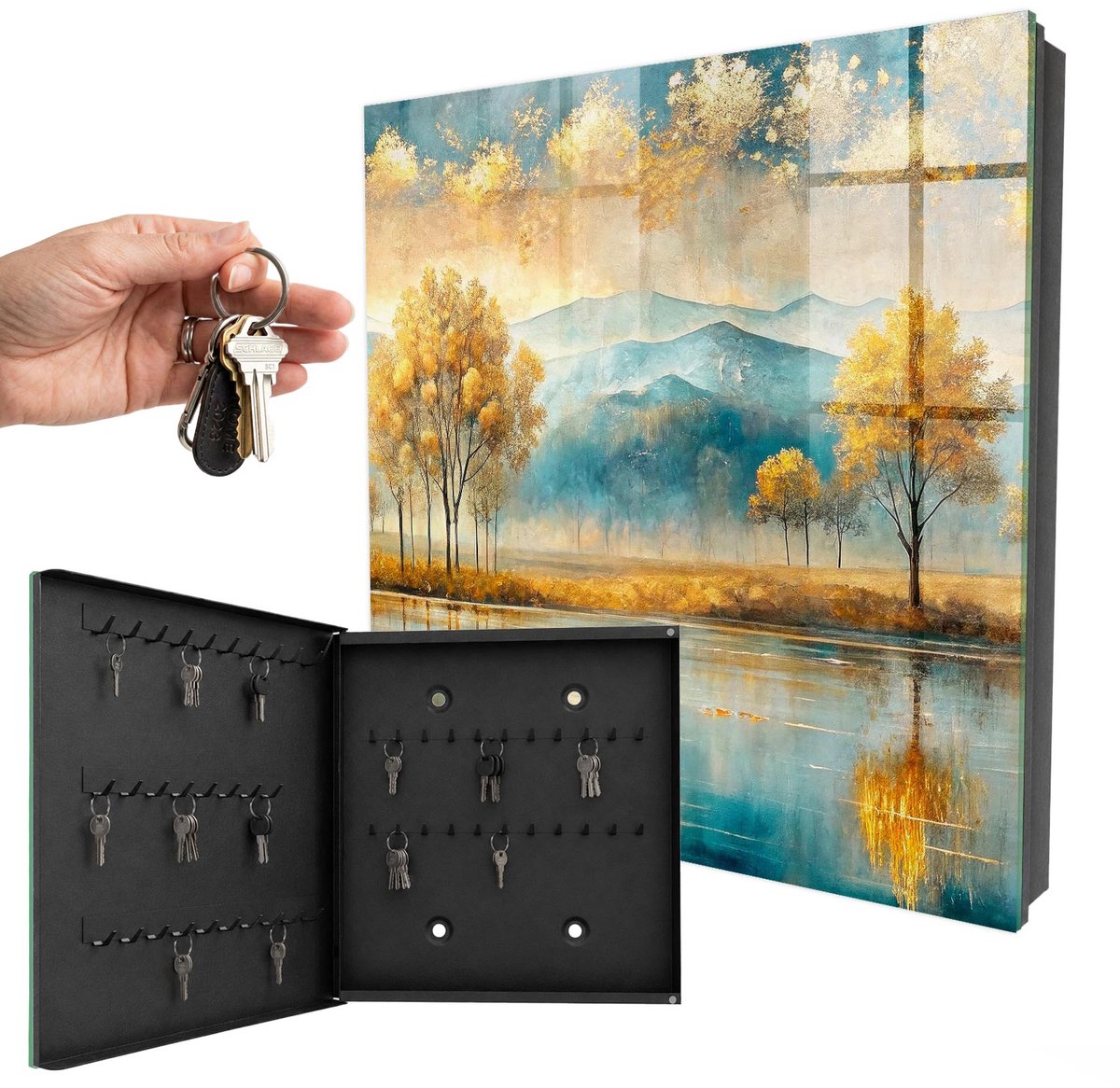 WallMuralia - Sleutelkast - 30x30x5 cm - met 50 haken - Herfstharmonie Sleutelkastje Industrieel - Geel Sleutelbox - Linksopenend - Zwart interieur