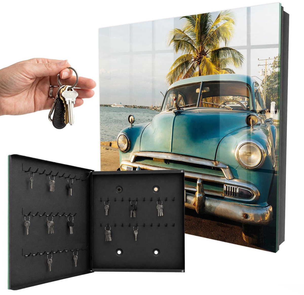 WallMuralia - Sleutelkast - 30x30x5 cm - met 50 haken - Retro Auto Groot Sleutelkastje - Blauw Sleutelbox - Linksopenend - Zwart interieur