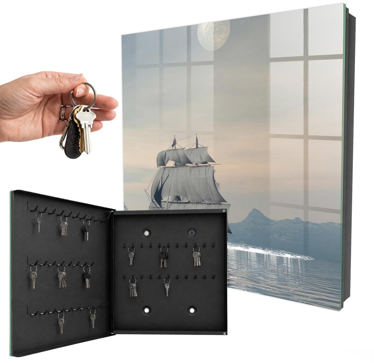 WallMuralia - Sleutelkast - 30x30x5 cm - met 50 haken - Zeecruise Leuk Sleutelkastje - Grijs Sleutelbox - Linksopenend - Zwart interieur