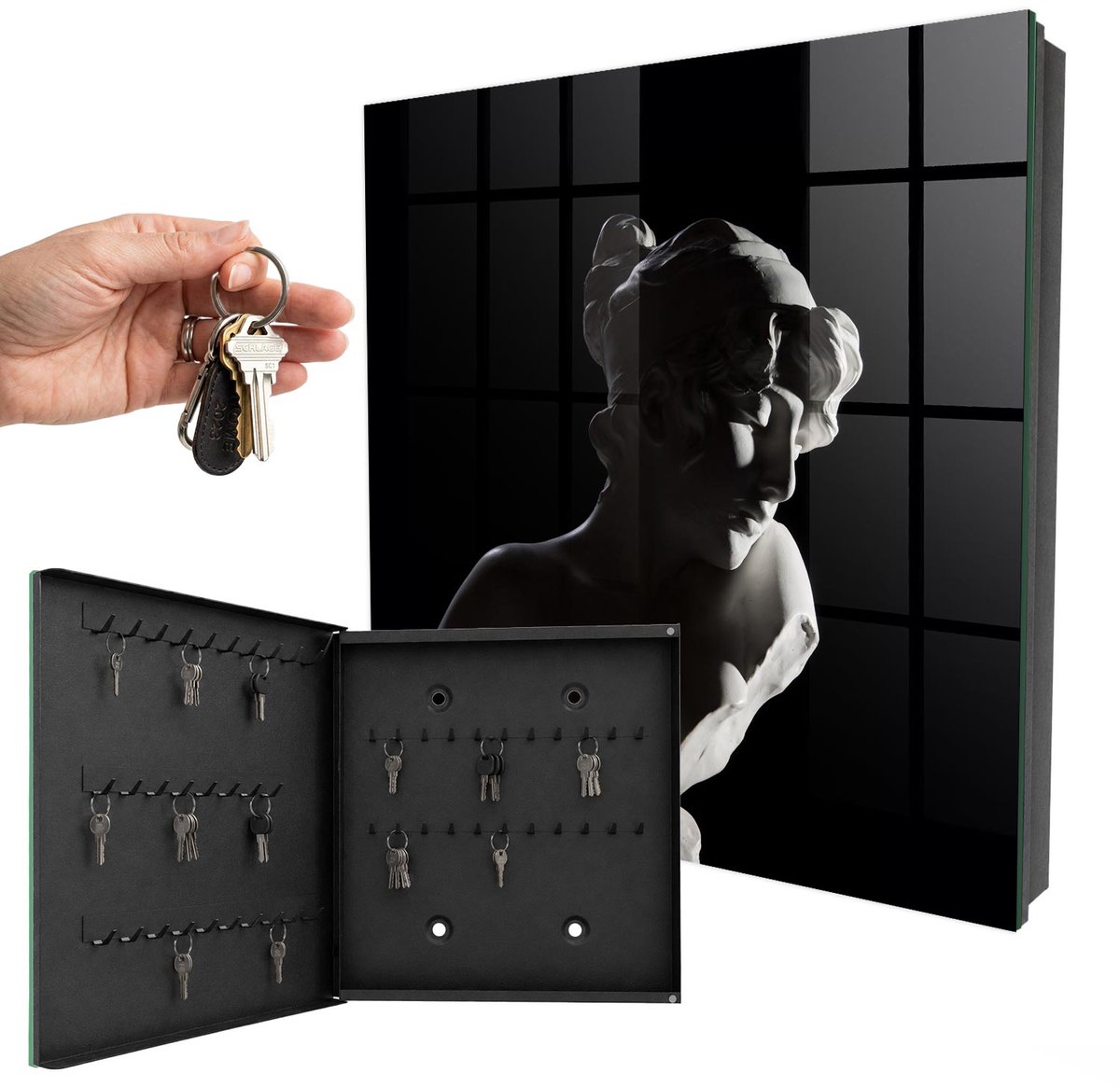 WallMuralia - Sleutelkast - 30x30x5 cm - met 50 haken - Subtiele Sculptuur Sleutelkastje Modern - Zwart Sleutelbox - Linksopenend - Zwart interieur