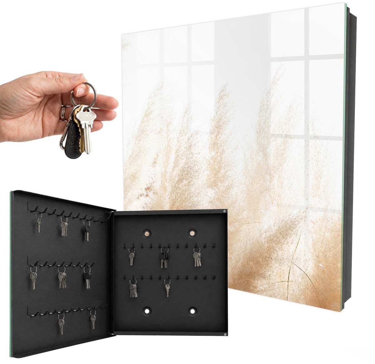 WallMuralia - Sleutelkast - 30x30x5 cm - met 50 haken - Rustgevende Natuur Sleutelkastje Huis - Romig Sleutelbox - Linksopenend - Zwart interieur