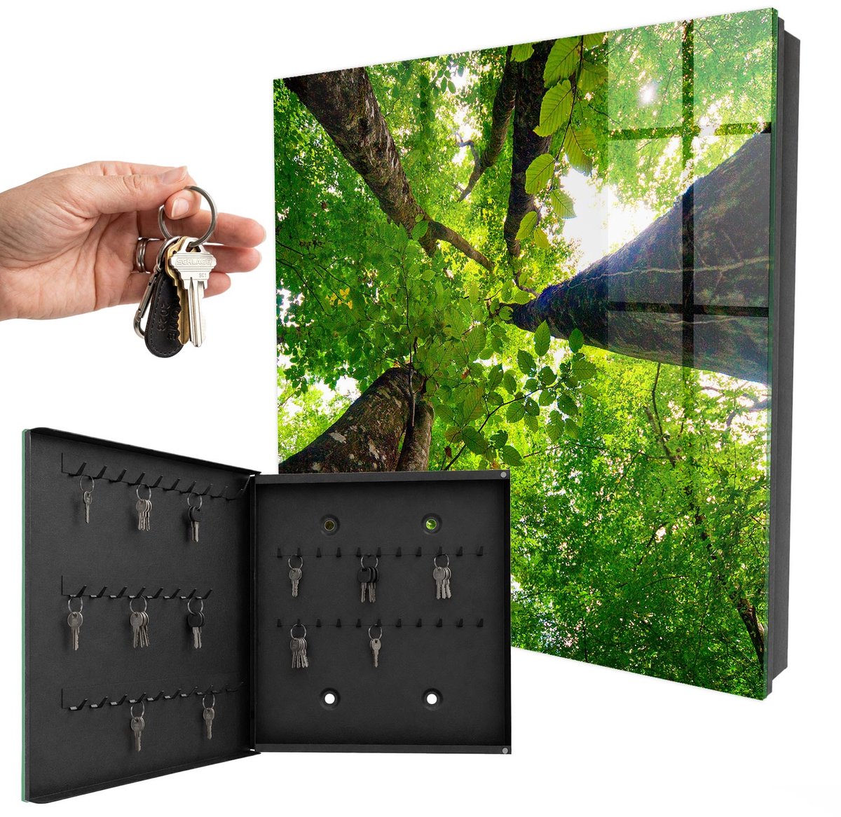 WallMuralia - Sleutelkast - 30x30x5 cm - met 50 haken - Boshemel Sleutelkastje Industrieel - Groente Sleutelbox - Linksopenend - Zwart interieur