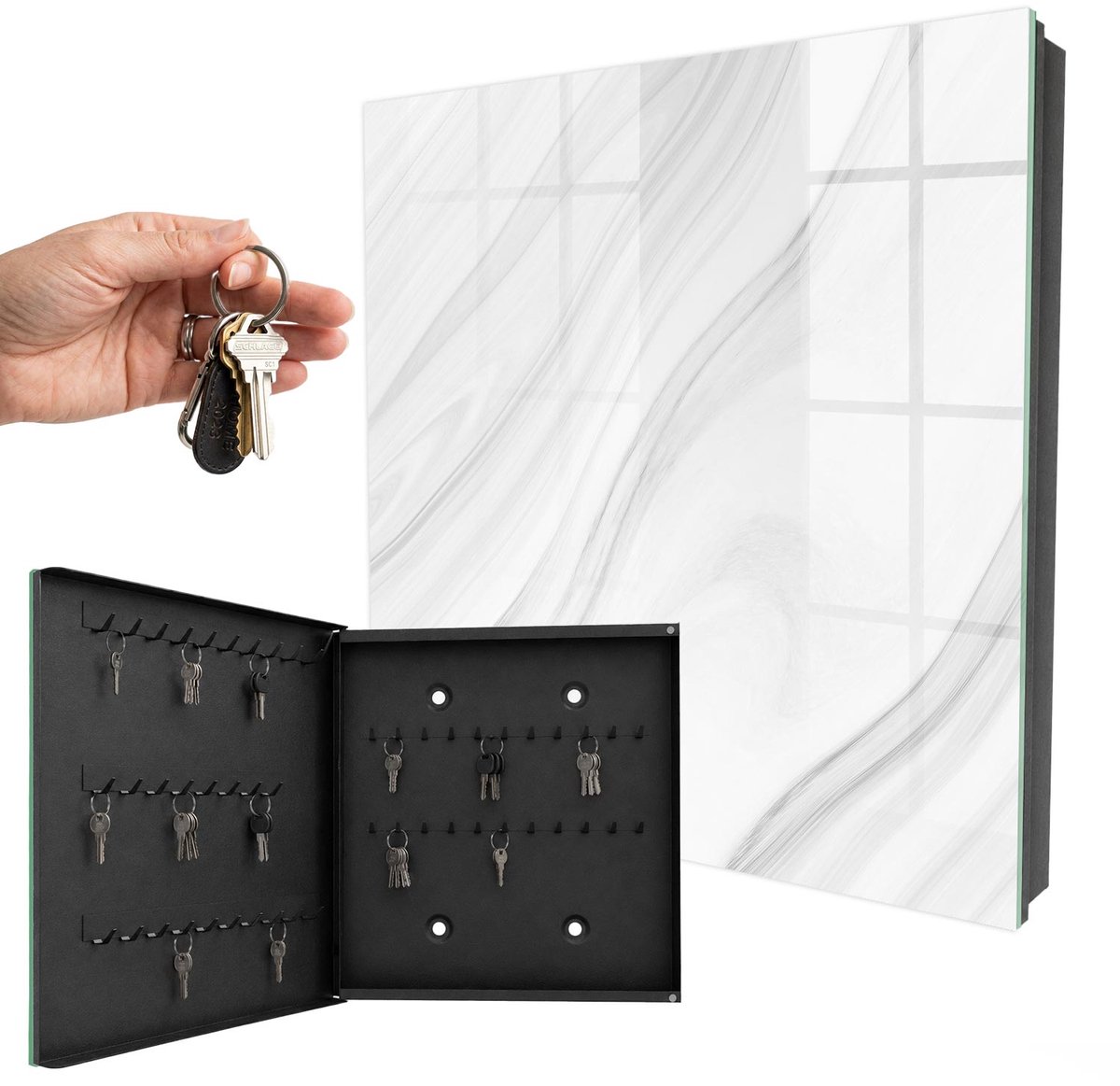 WallMuralia - Sleutelkast - 30x30x5 cm - met 50 haken - Golven Van Elegantie Sleutelkastje - Wit Sleutelbox - Linksopenend - Zwart interieur