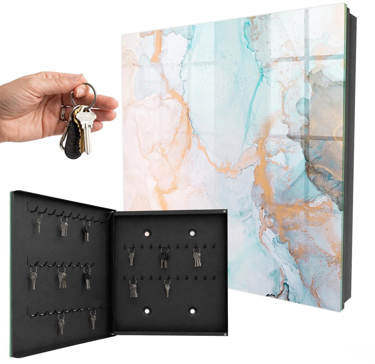WallMuralia - Sleutelkast - 30x30x5 cm - met 50 haken - Kleurrijk Marmer Sleutelkastje Landelijk - Blauw Sleutelbox - Linksopenend - Zwart interieur