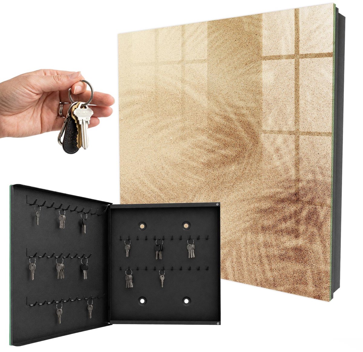 WallMuralia - Sleutelkast - 30x30x5 cm - met 50 haken - Schuimsporen Sleutelkastje Modern - Beige Sleutelbox - Linksopenend - Zwart interieur