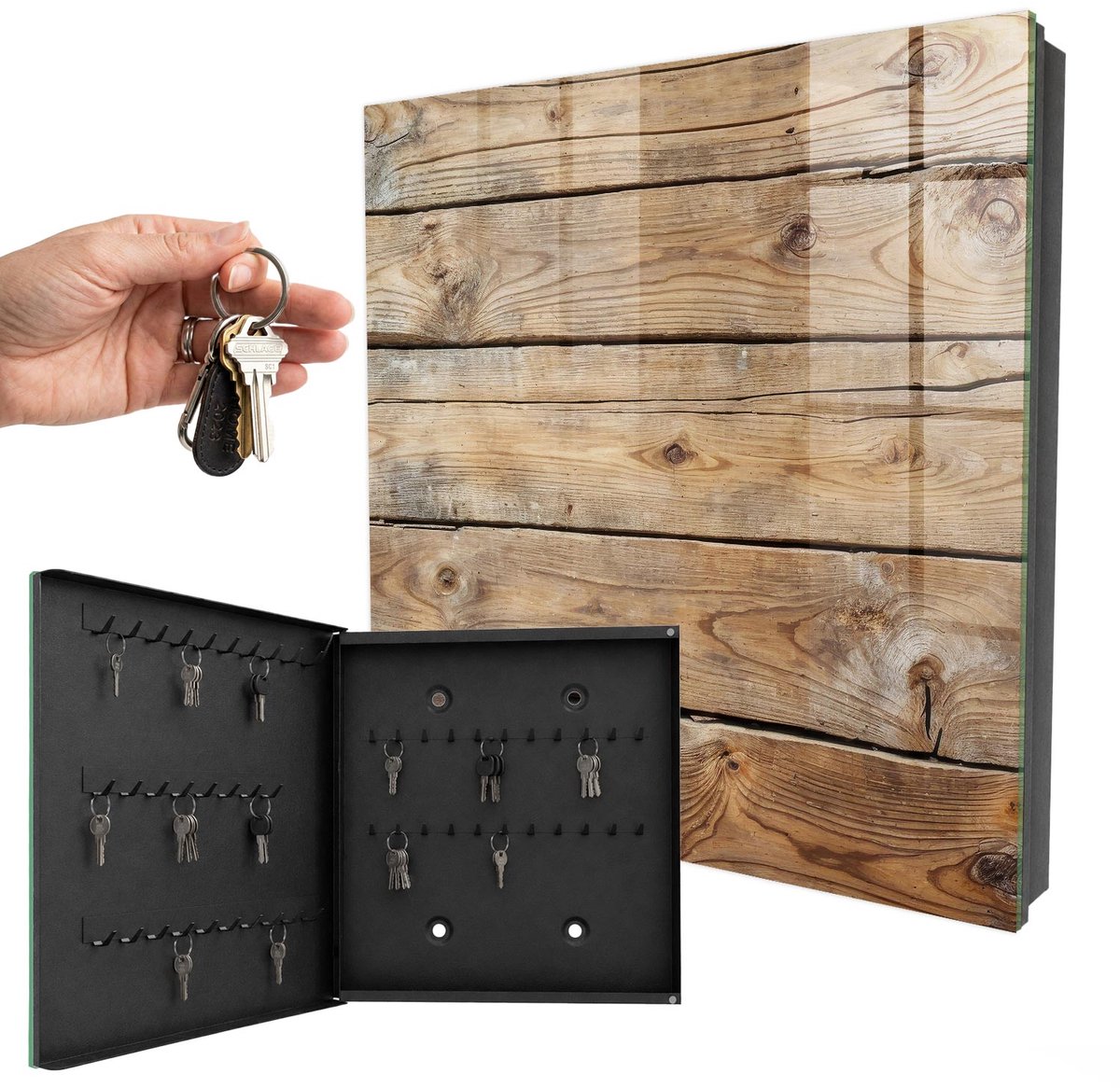 WallMuralia - Sleutelkast - 30x30x5 cm - met 50 haken - Houten Planken Sleutelkastje Klein - Bruin Sleutelbox - Linksopenend - Zwart interieur
