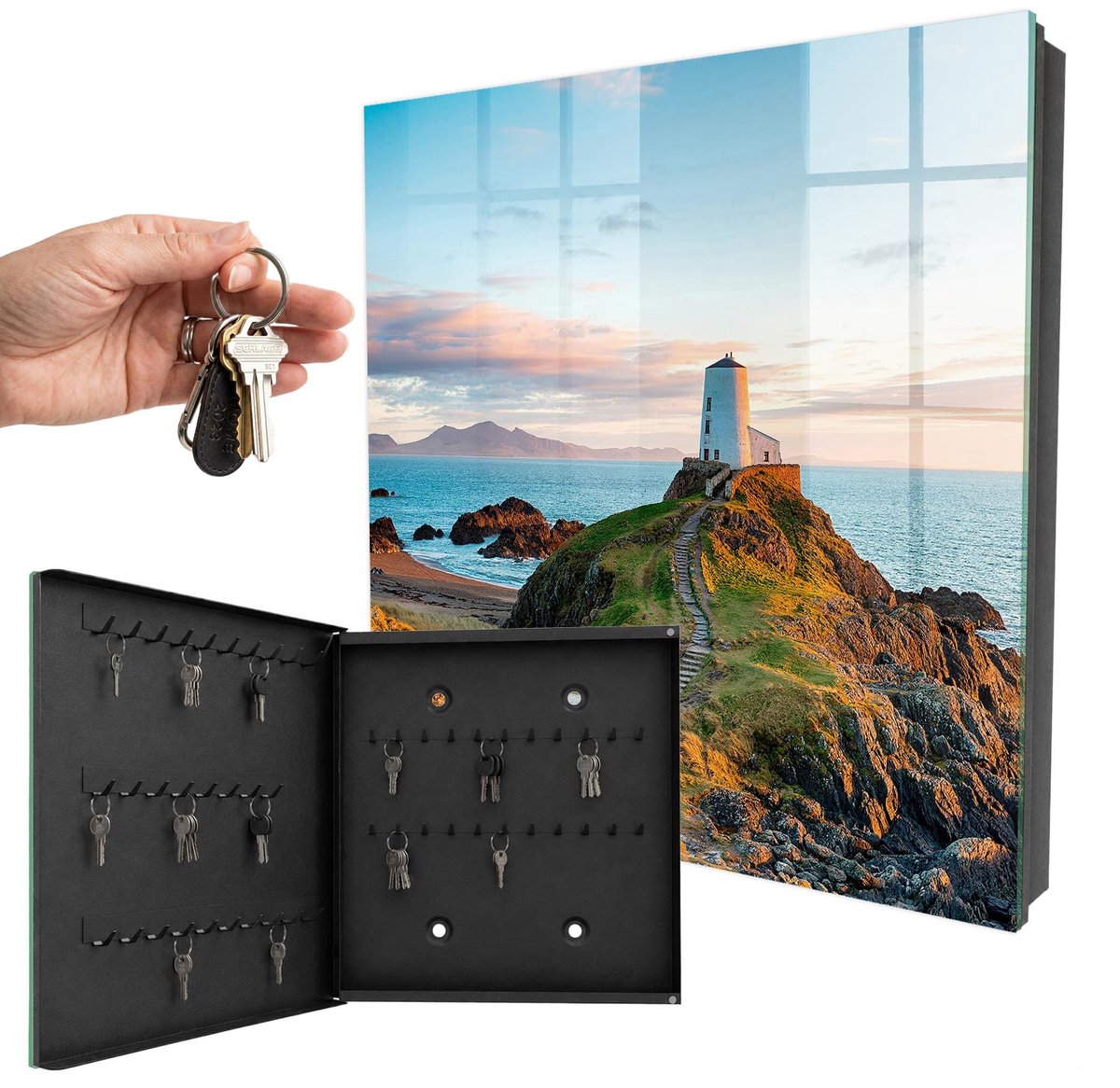 WallMuralia - Sleutelkast - 30x30x5 cm - met 50 haken - Vuurtoren Sleutelkastje Design - Blauw Sleutelbox - Linksopenend - Zwart interieur
