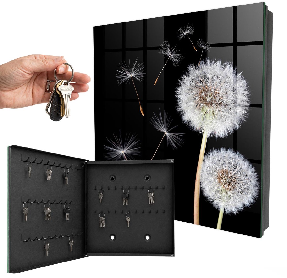 WallMuralia - Sleutelkast - 30x30x5 cm - met 50 haken - Tere Paardenbloemen Groot Sleutelkastje - Zwart Sleutelbox - Linksopenend - Zwart interieur