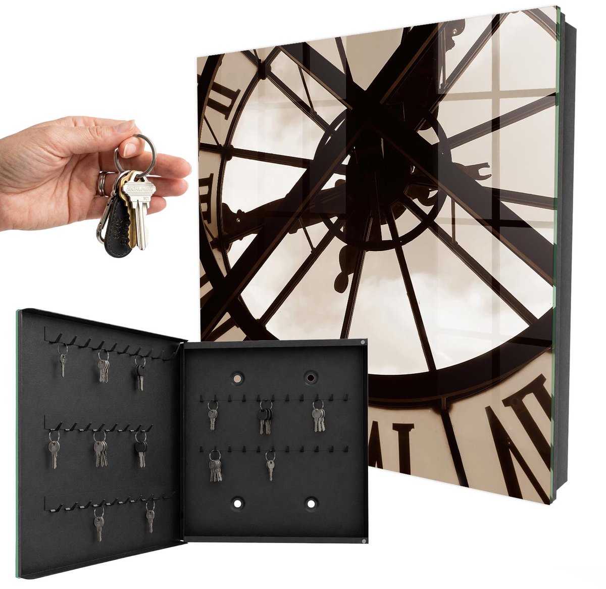 WallMuralia - Sleutelkast - 30x30x5 cm - met 50 haken - Industriële Elegantie Sleutelkastje Hal - Bruin Sleutelbox - Linksopenend - Zwart interieur