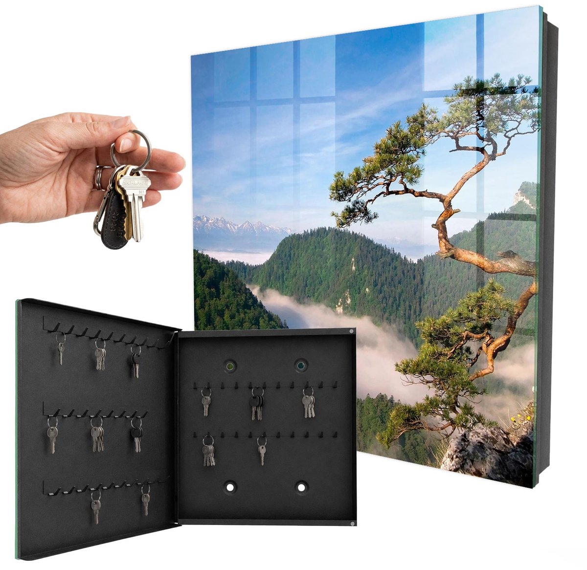 WallMuralia - Sleutelkast - 30x30x5 cm - met 50 haken - Berglandschap Sleutelkastje Binnen - Groente Sleutelbox - Linksopenend - Zwart interieur