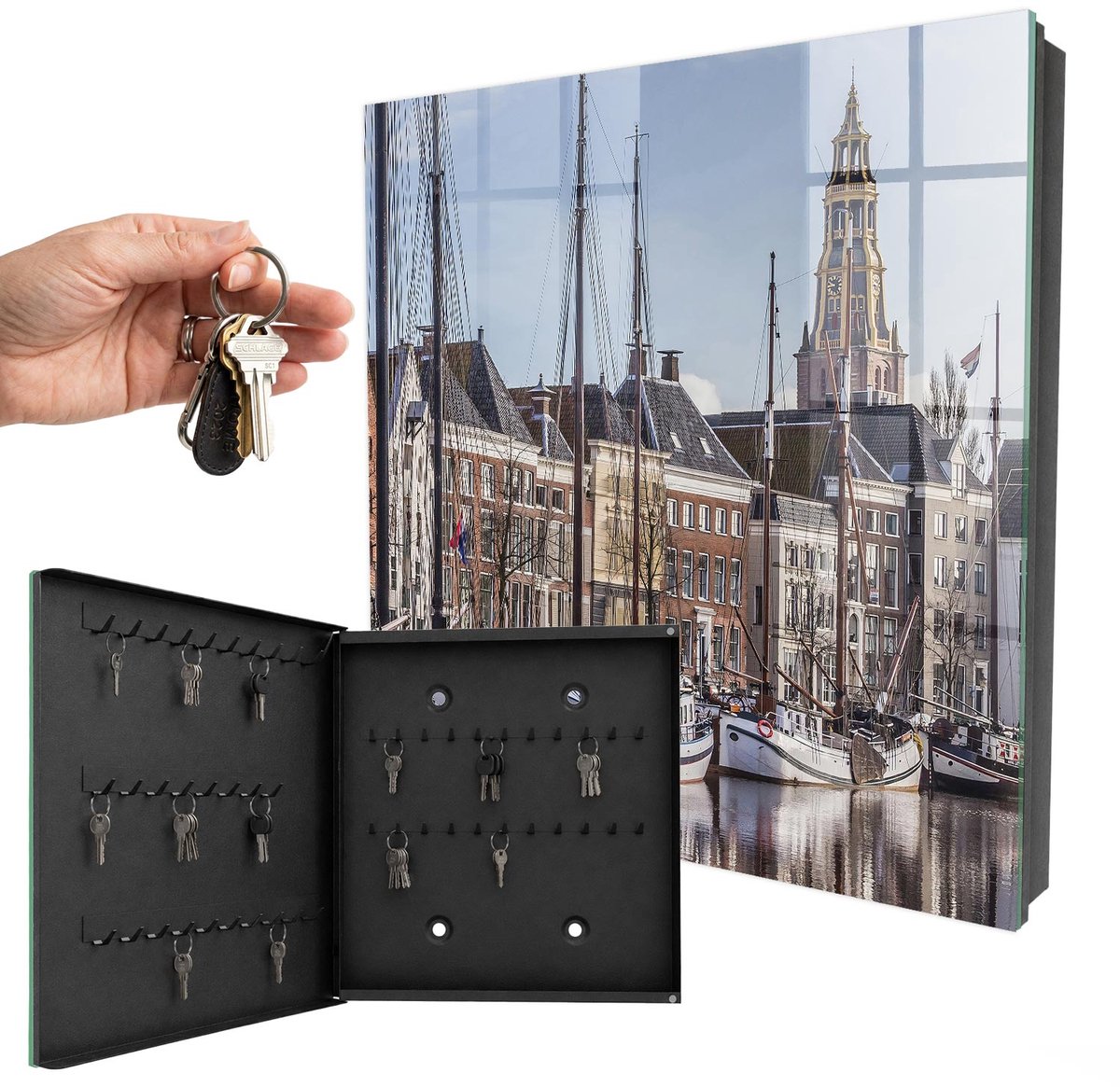 WallMuralia - Sleutelkast - 30x30x5 cm - met 50 haken - Zeilen Op Het Water Groot Sleutelkastje - Blauw Sleutelbox - Linksopenend - Zwart interieur