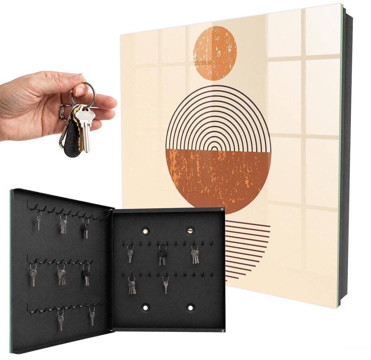 WallMuralia - Sleutelkast - 30x30x5 cm - met 50 haken - Retro Geometrie Design Sleutelkastje - Oranje Sleutelbox - Linksopenend - Zwart interieur