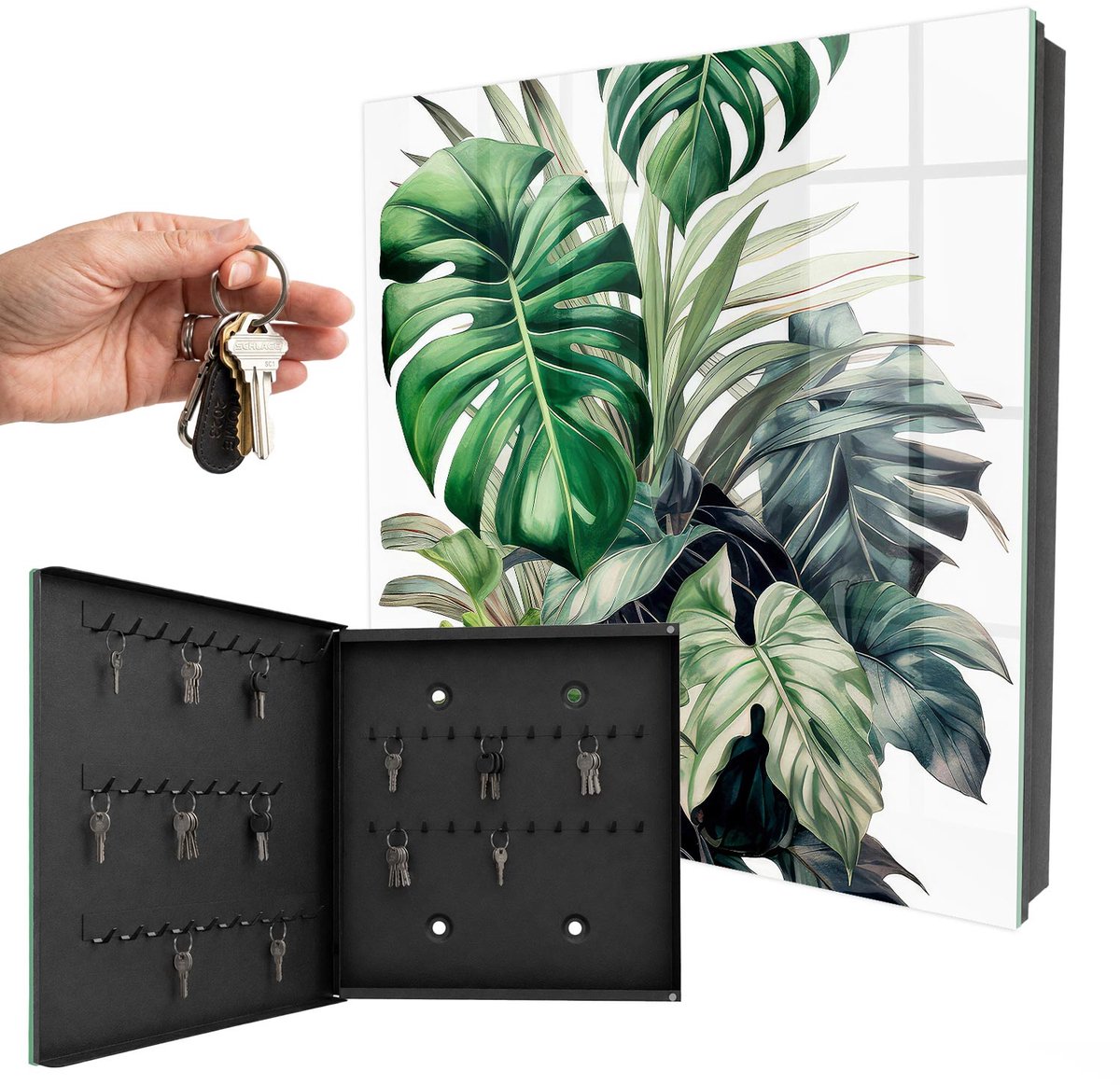 WallMuralia - Sleutelkast - 30x30x5 cm - met 50 haken - Exotische Bladeren Sleutelkastje Muur - Groente Sleutelbox - Linksopenend - Zwart interieur