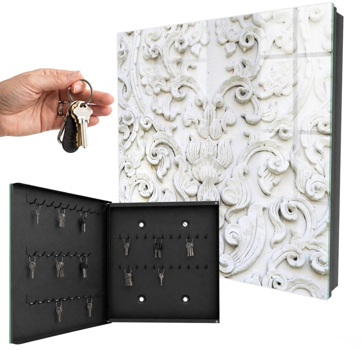 WallMuralia - Sleutelkast - 30x30x5 cm - met 50 haken - Witte Ornamenten Groot Sleutelkastje - Wit Sleutelbox - Linksopenend - Zwart interieur