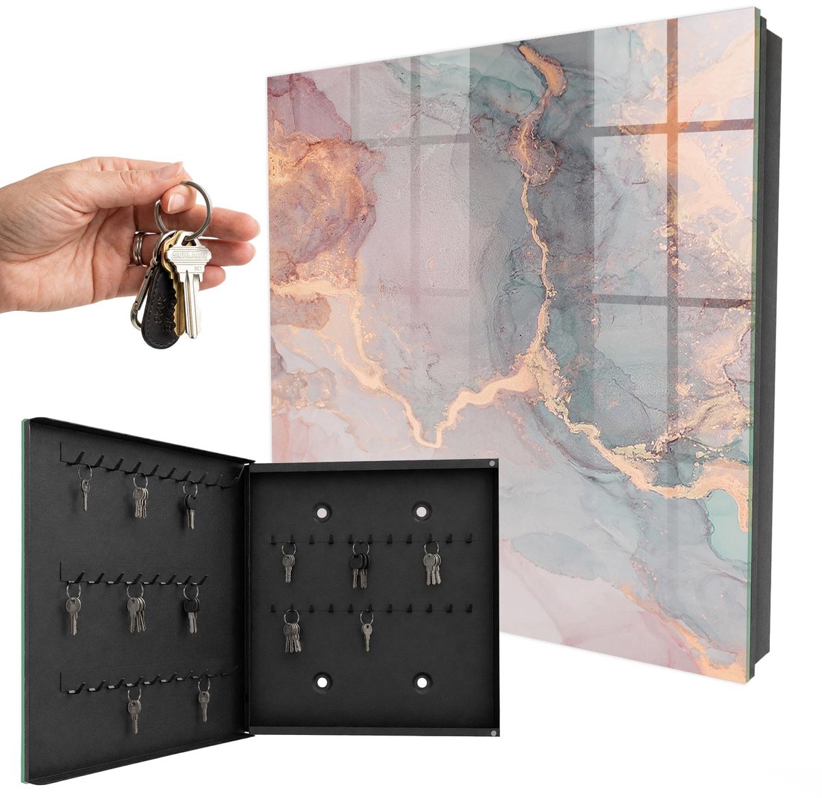 WallMuralia - Sleutelkast - 30x30x5 cm - met 50 haken - Subtiele Elegantie Sleutelkastje Huis - Roze Sleutelbox - Linksopenend - Zwart interieur