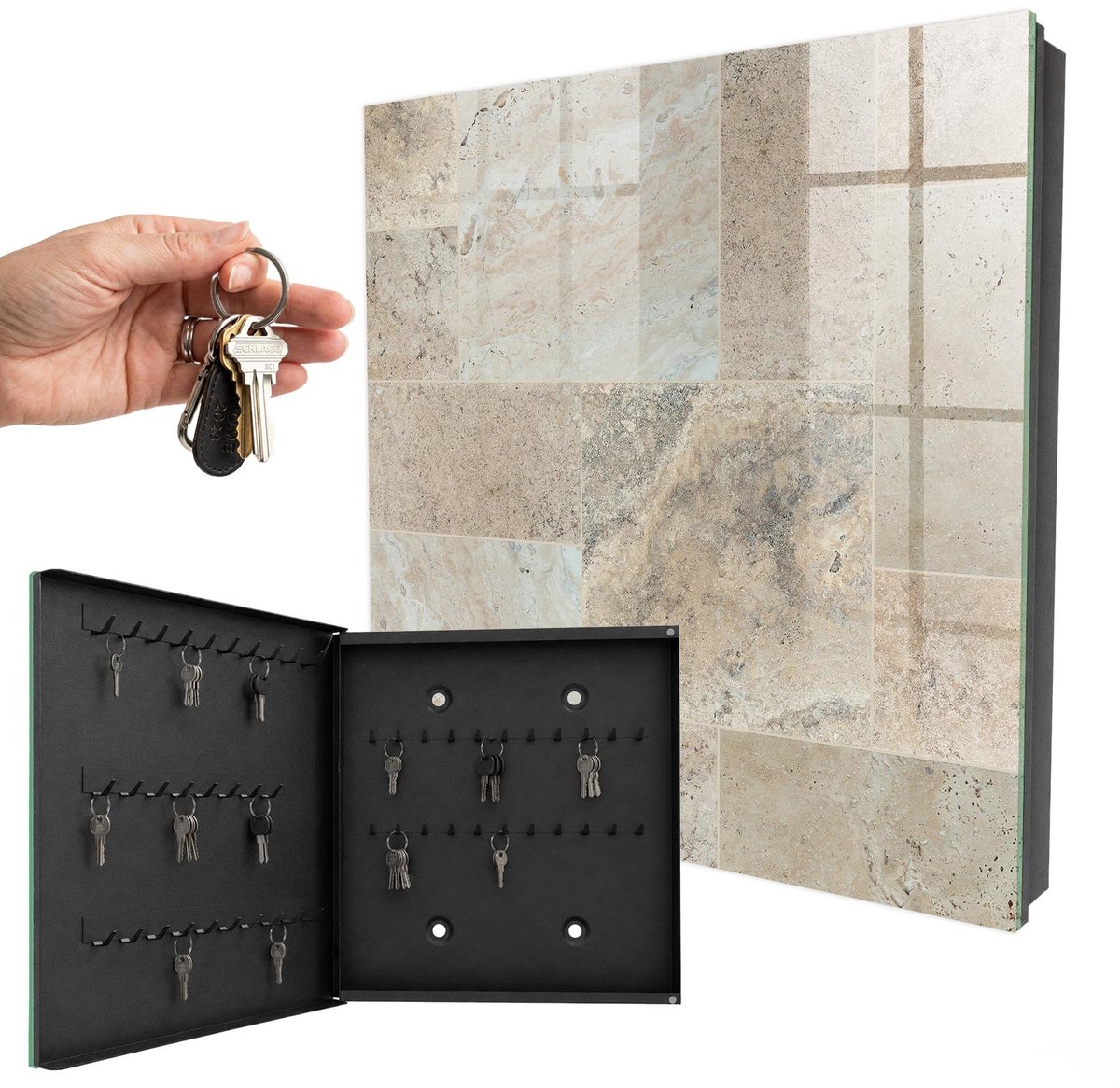 WallMuralia - Sleutelkast - 30x30x5 cm - met 50 haken - Marmeren Tegels Sleutelkastje Modern - Beige Sleutelbox - Linksopenend - Zwart interieur