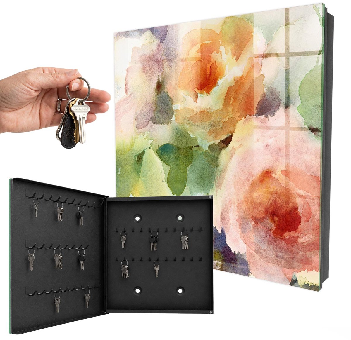 WallMuralia - Sleutelkast - 30x30x5 cm - met 50 haken - Bloemenmotief Sleutelkastje Hal - Groente Sleutelbox - Linksopenend - Zwart interieur
