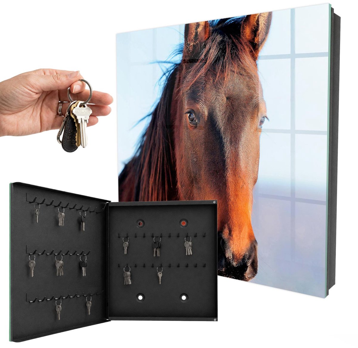 WallMuralia - Sleutelkast - 30x30x5 cm - met 50 haken - Portret Van Een Paard Sleutelkastje Industrieel - Bruin Sleutelbox - Linksopenend - Zwart interieur