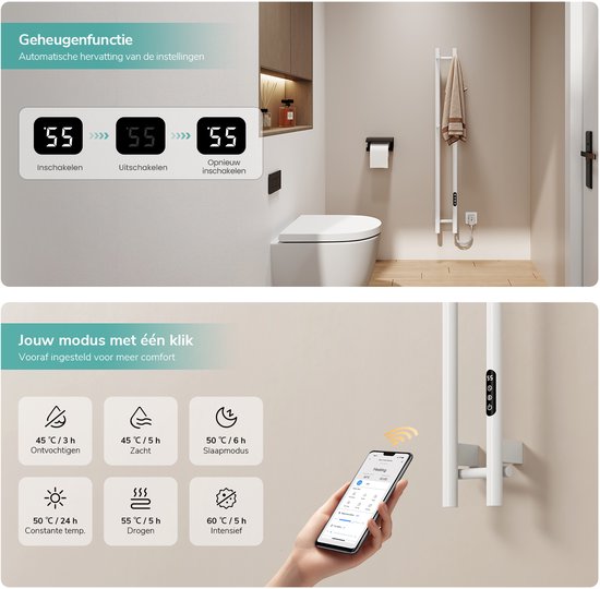 Elektrische handdoekradiator met geheugenfunctie en app-bediening voor diverse warmte-instellingen.
