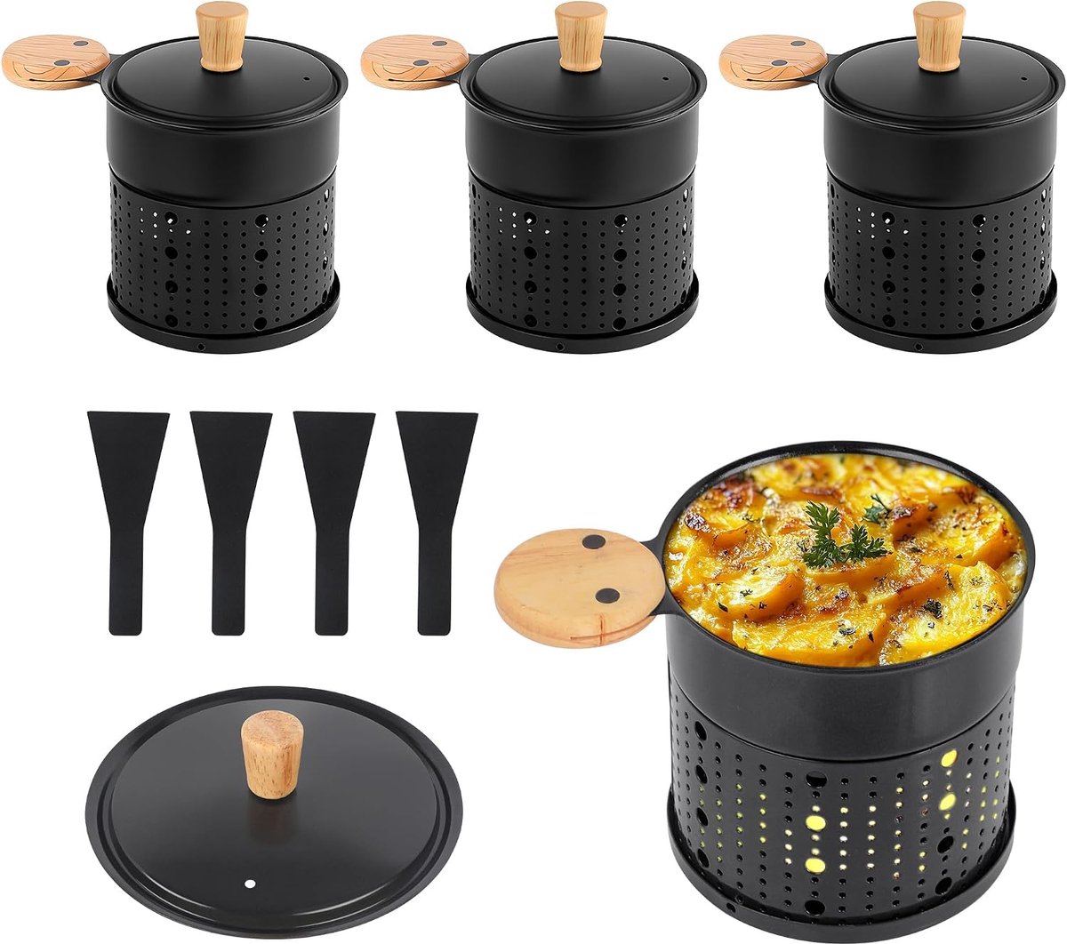 ipow Set van 4 mini-raclettegrill, racletteovenset, anti-aanbaklaag