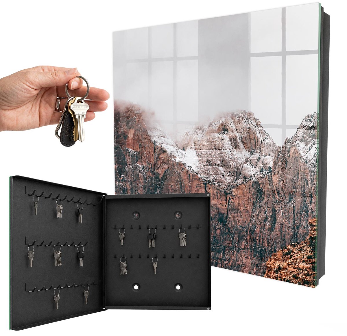 WallMuralia - Sleutelkast - 30x30x5 cm - met 50 haken - Bergstilte Sleutelkastje Klein - Bruin Sleutelbox - Linksopenend - Zwart interieur