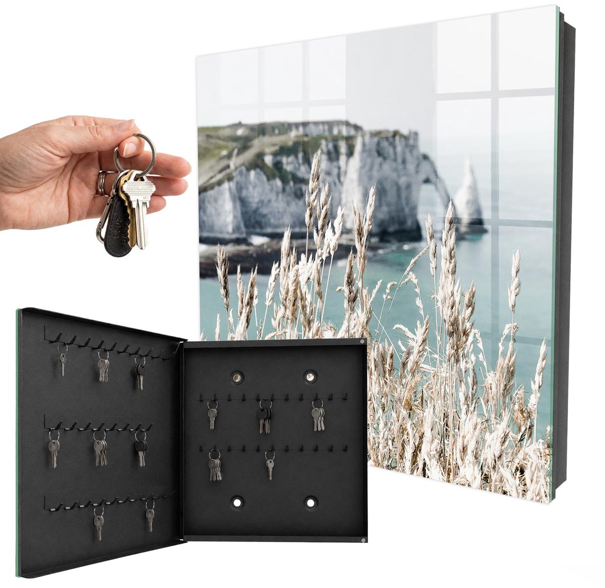 WallMuralia - Sleutelkast - 30x30x5 cm - met 50 haken - Kliffen En Graslanden Sleutelkastje Hal - Beige Sleutelbox - Linksopenend - Zwart interieur