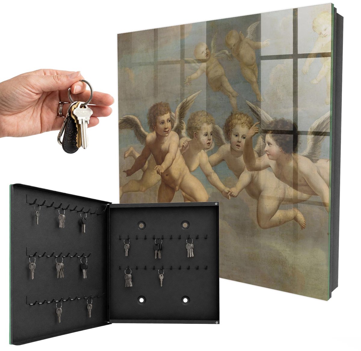 WallMuralia - Sleutelkast - 30x30x5 cm - met 50 haken - Vliegende Engelen Putti Barokschilderij Sleutelkastje Binnen - Beige Sleutelbox - Linksopenend - Zwart interieur