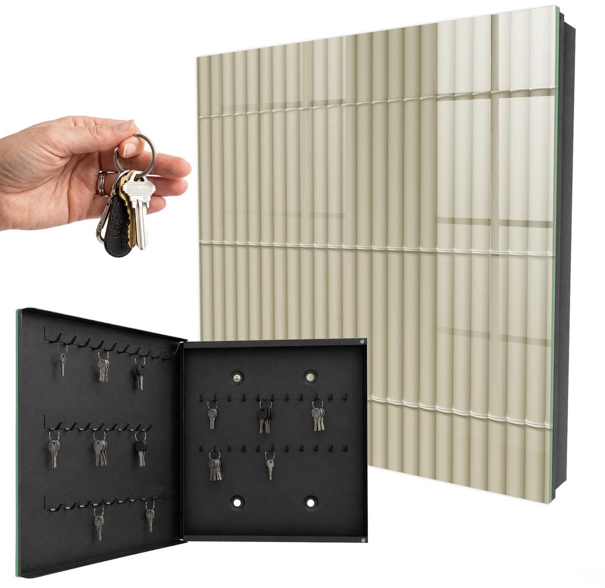 WallMuralia - Sleutelkast - 30x30x5 cm - met 50 haken - Beige Strepen Groot Sleutelkastje - Beige Sleutelbox - Linksopenend - Zwart interieur