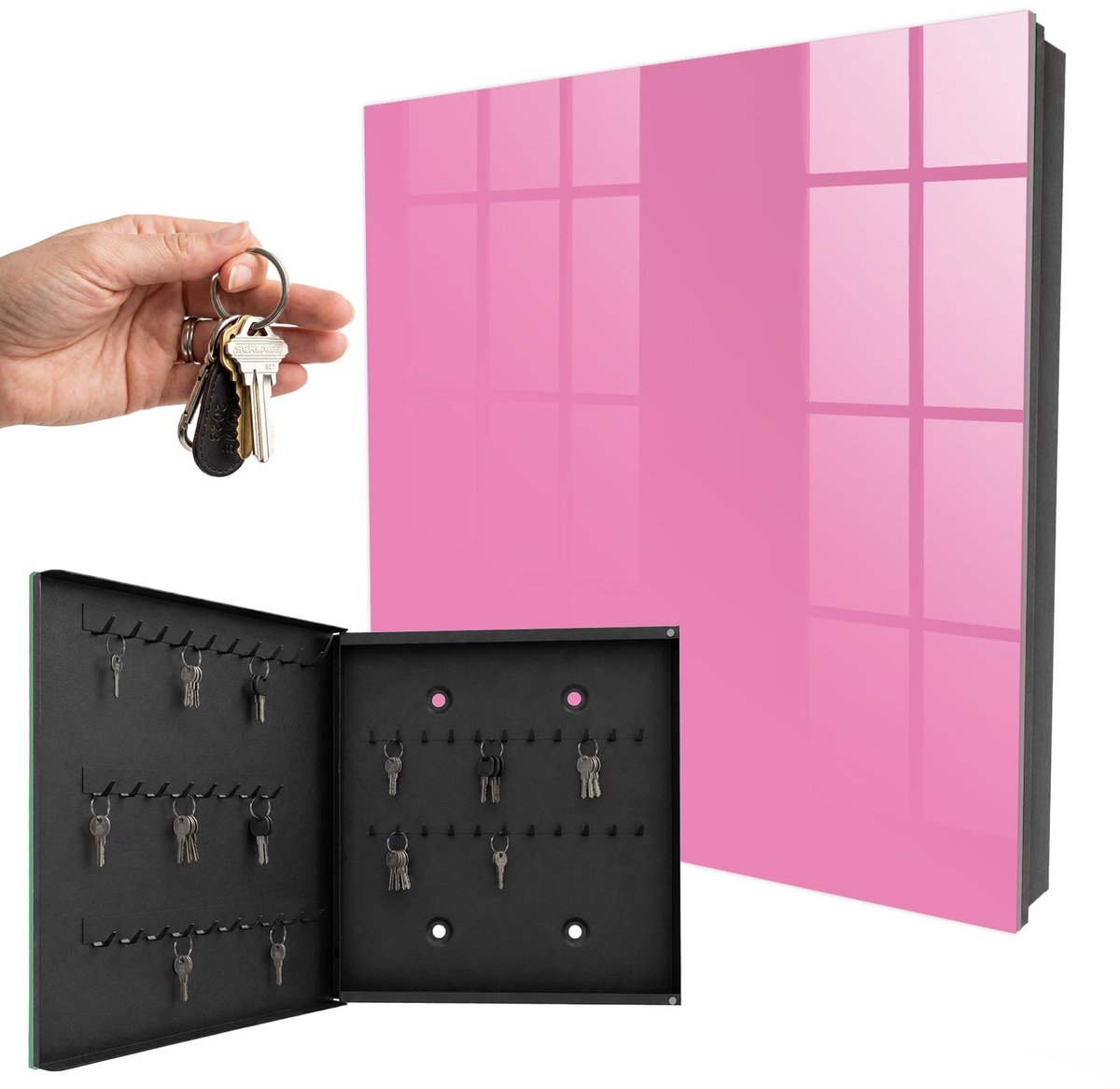 WallMuralia - Sleutelkast - 30x30x5 cm - met 50 haken - Koel Roze Groot Sleutelkastje - Roze Sleutelbox - Linksopenend - Zwart interieur