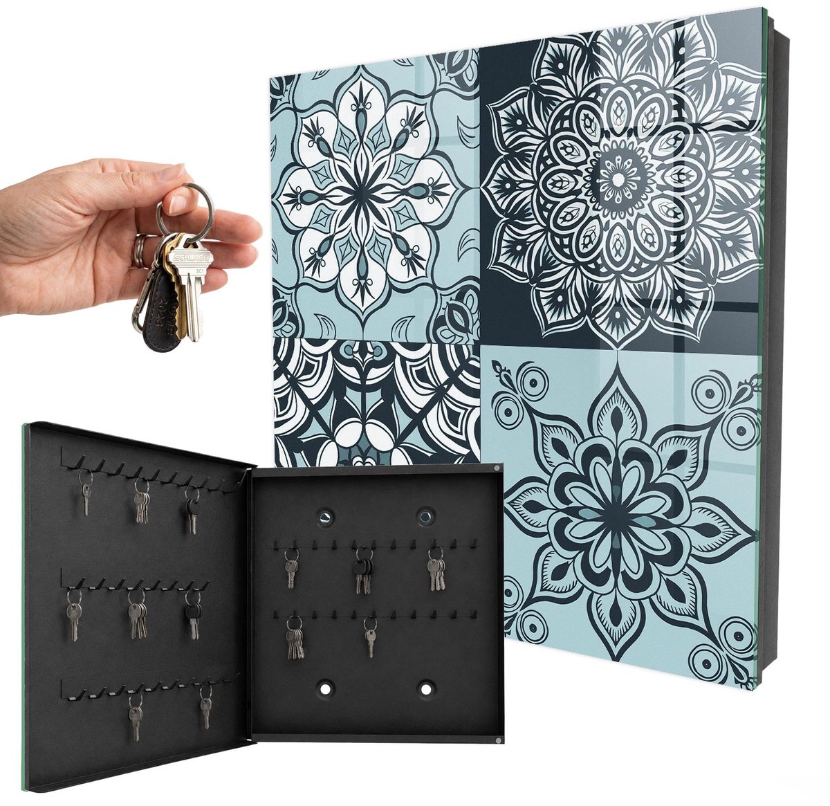 WallMuralia - Sleutelkast - 30x30x5 cm - met 50 haken - Geometrische Patronen Sleutelkastje Binnen - Blauw Sleutelbox - Linksopenend - Zwart interieur