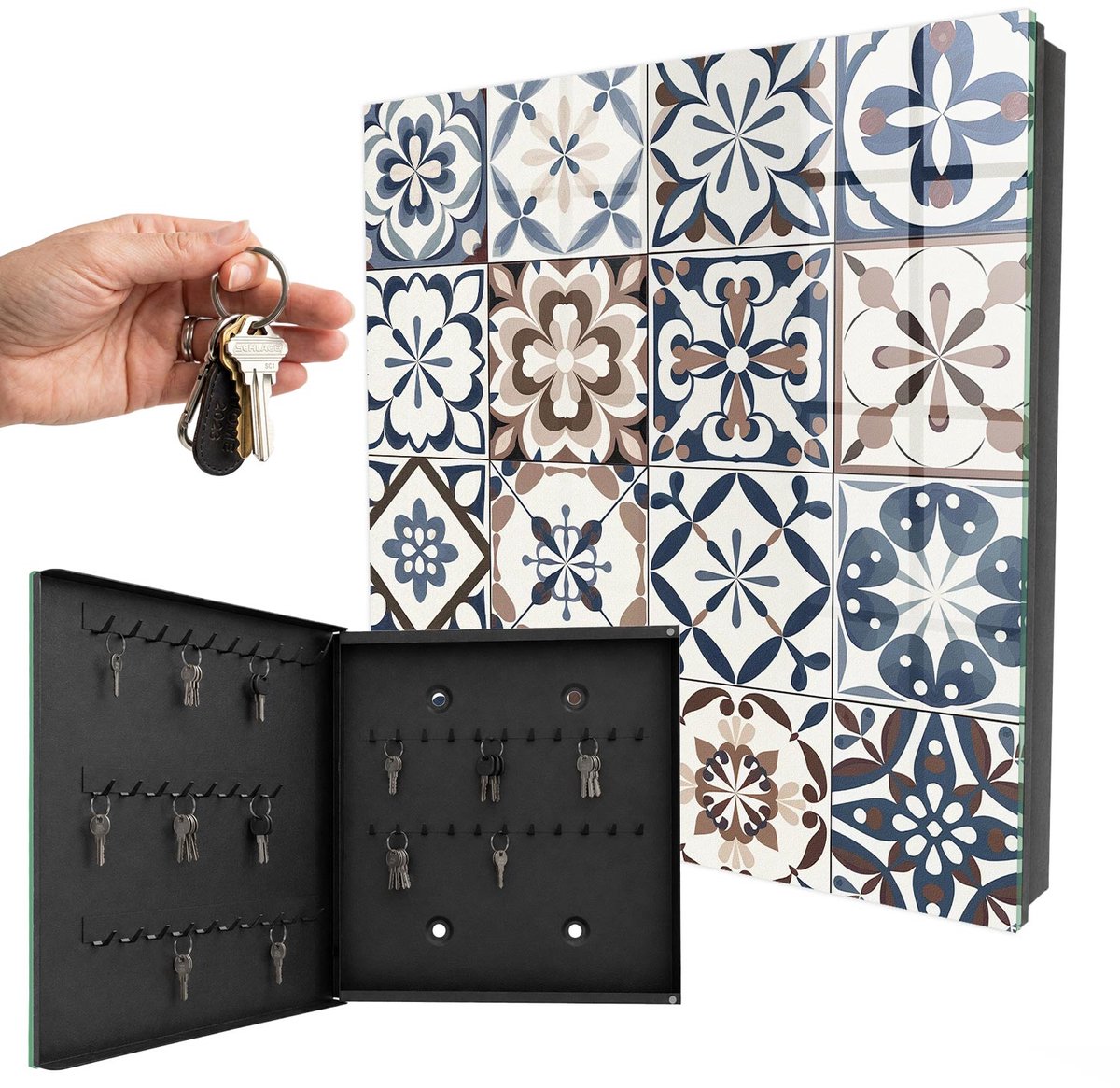 WallMuralia - Sleutelkast - 30x30x5 cm - met 50 haken - Arabesk Mozaïek Sleutelkastje Design - Bruin Sleutelbox - Linksopenend - Zwart interieur
