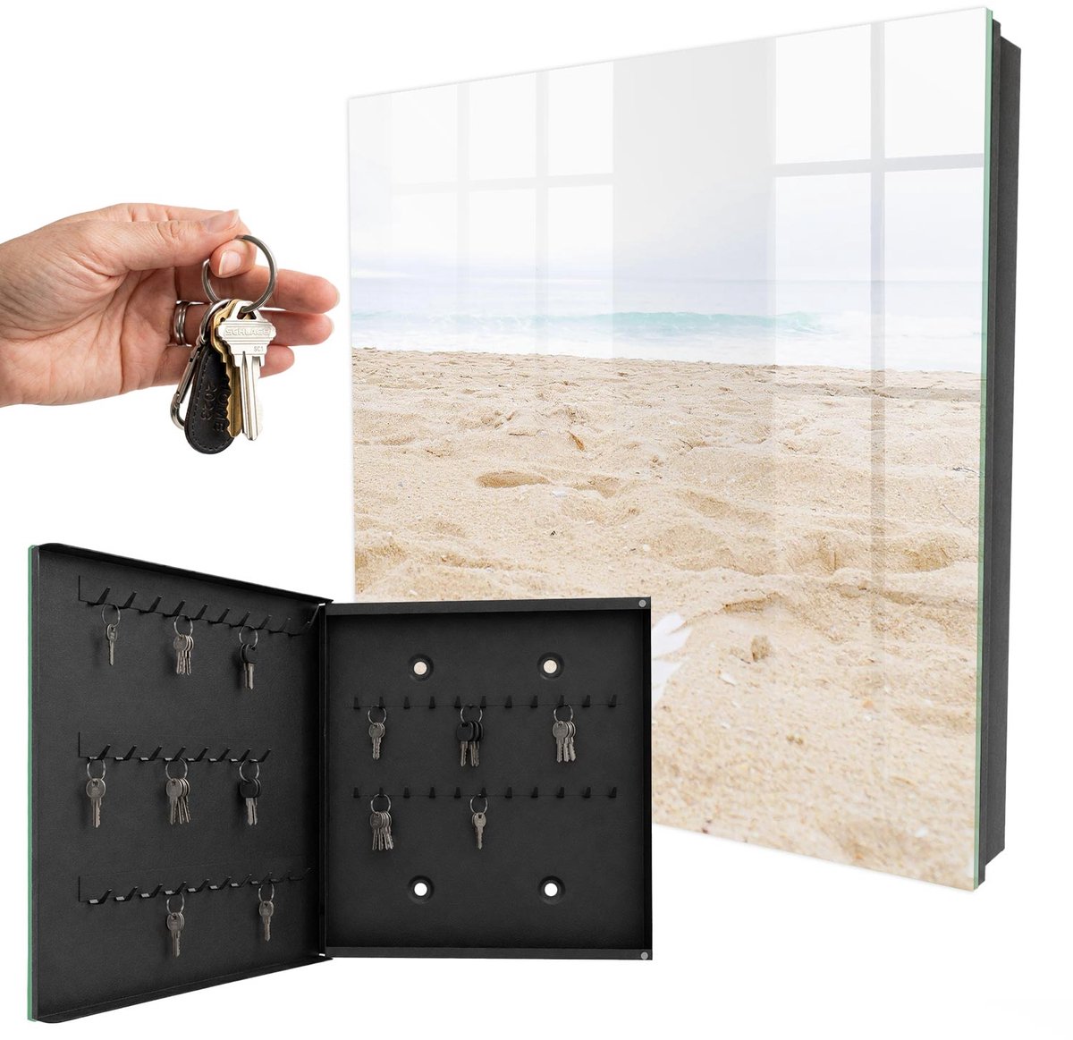 WallMuralia - Sleutelkast - 30x30x5 cm - met 50 haken - Ontspanning Aan Het Strand Sleutelkastje Muur - Beige Sleutelbox - Linksopenend - Zwart interieur