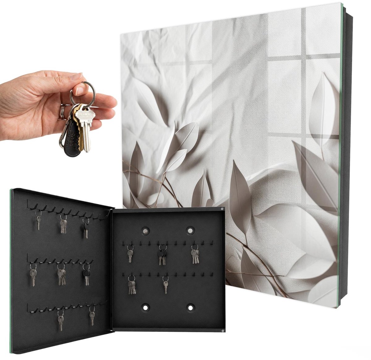 WallMuralia - Sleutelkast - 30x30x5 cm - met 50 haken - Bladstof Sleutelkastje Muur - Beige Sleutelbox - Linksopenend - Zwart interieur